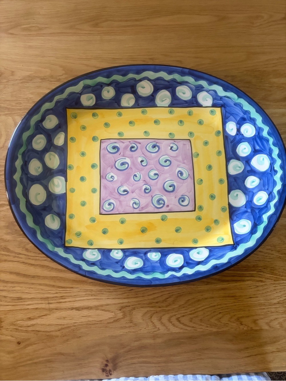 Whimsical Hand-Painted Ceramic Serving Platter in Yellow, Blue & Pink